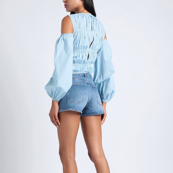 Topshop Shirred Poplin Off The Shoulder Blouse in Blue Size 6 - Picture 2 of 10